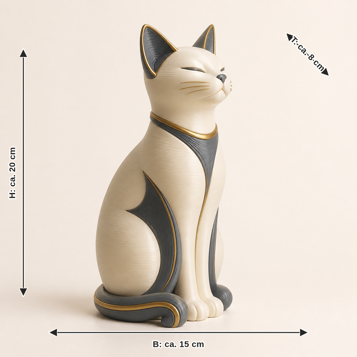 Maßbild für Dekofigur Katze Balance – Zeitlos: Breite ca. 15 cm, Tiefe ca. 8 cm, Höhe ca. 20 cm