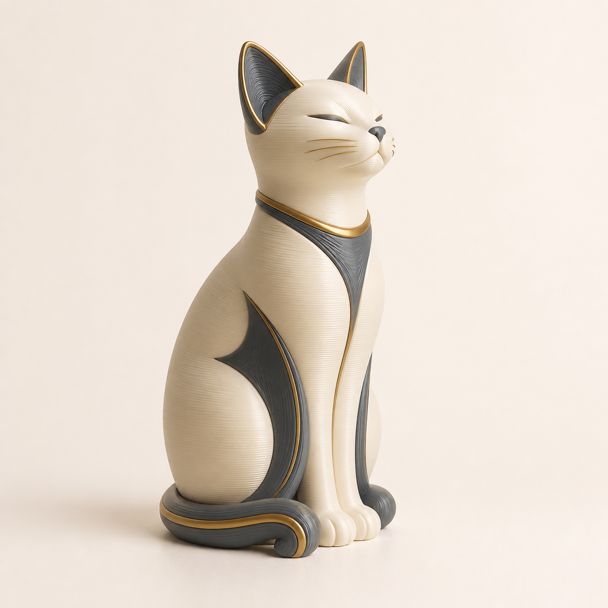 Dekofigur Katze Balance im Stil Zeitlos aus 3D-gedrucktem PETG in Elfenbein, Graphit, Messing