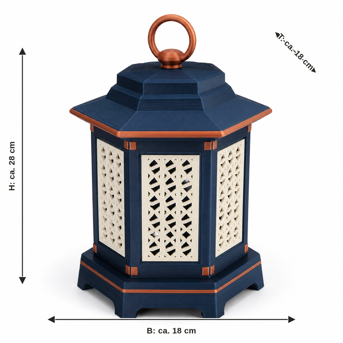 Measurement for decorative lantern night copper: width approx. 18 cm, depth approx. 18 cm, height approx. 28 cm