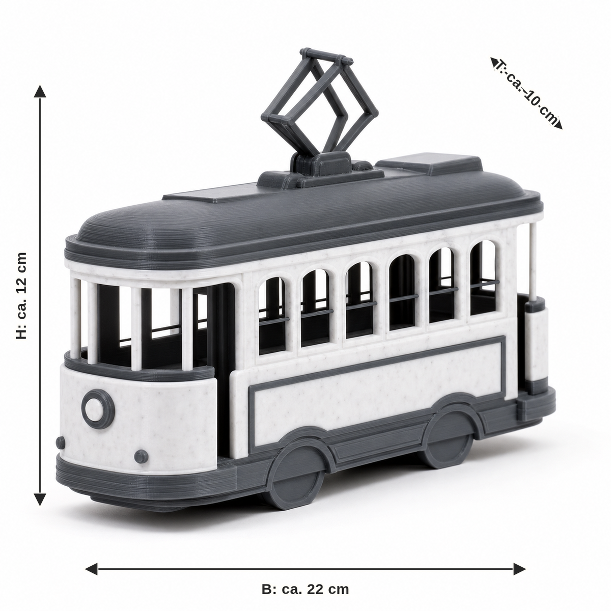 Dimensional image for decorative model marble optics tram: width approx. 22 cm, depth approx. 10 cm, height approx. 12 cm
