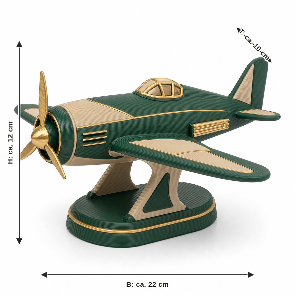 Dimensional image for decorative model Emerald aircraft: width approx. 22 cm, depth approx. 10 cm, height approx. 12 cm