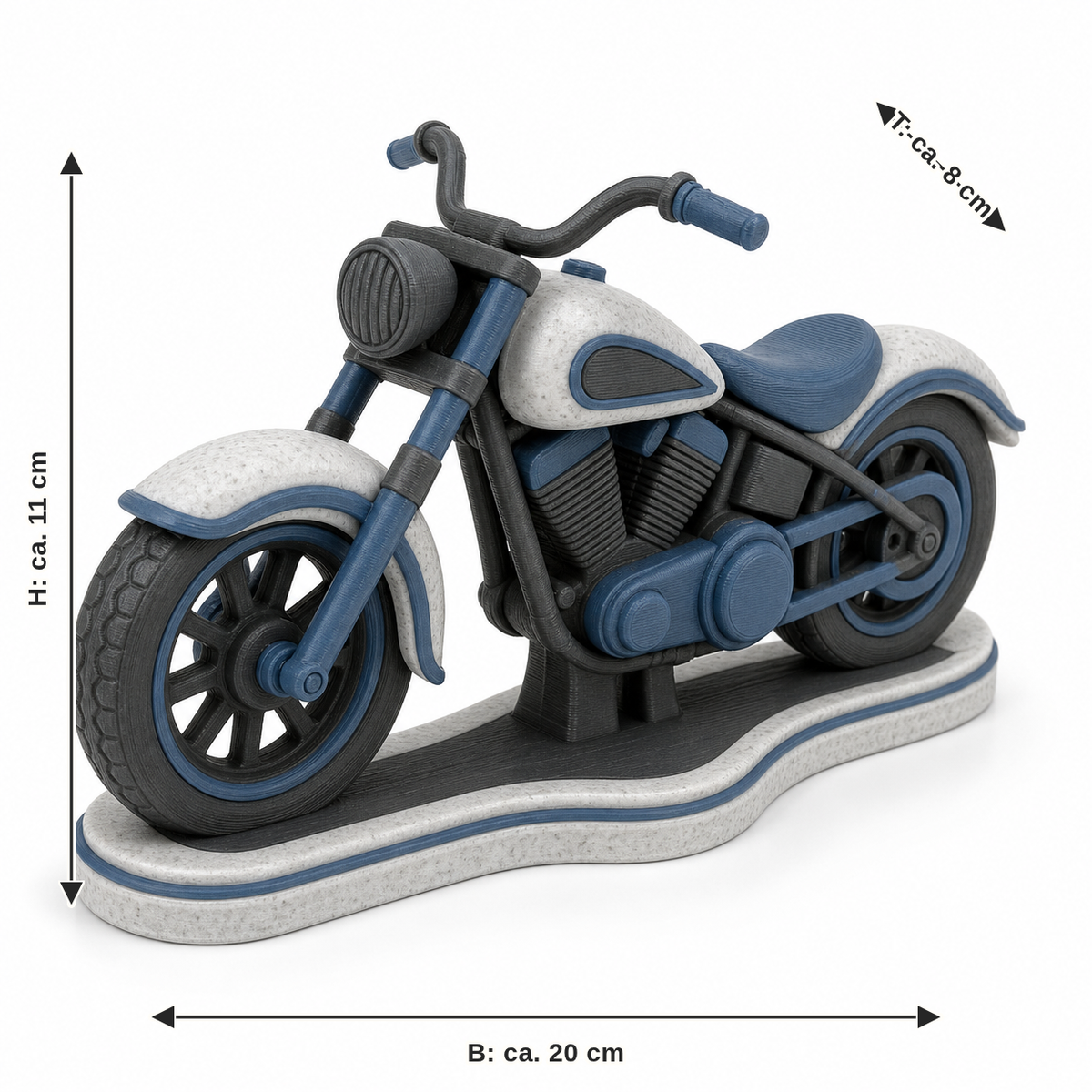 Dimensional image for decorative motorcycle model in grey blue: width approx. 20 cm, depth approx. 8 cm, height approx. 11 cm