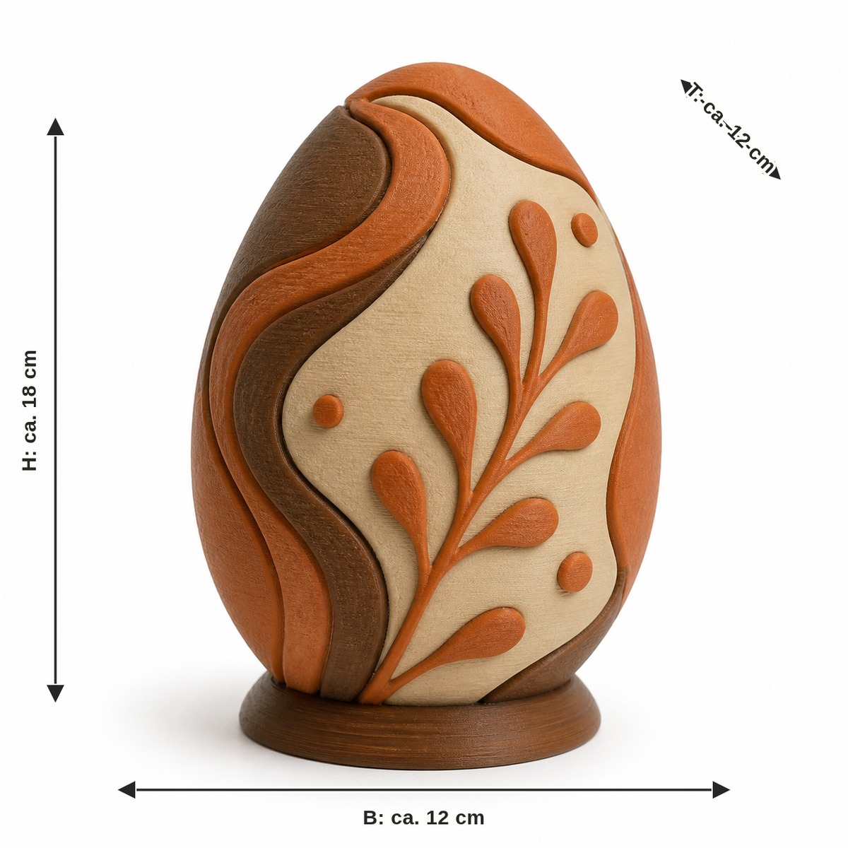 Maßbild für Dekoratives Osterei mit Blätterranke: Breite ca. 12 cm, Tiefe ca. 12 cm, Höhe ca. 18 cm
