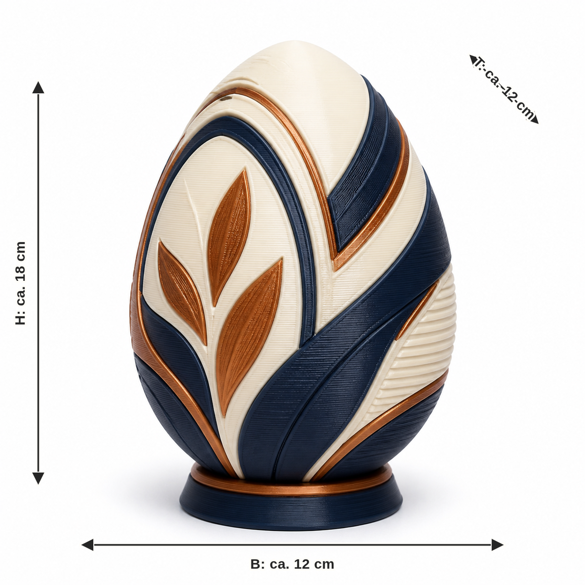 Maßbild für Dekoratives Osterei mit Blattmotiv: Breite ca. 12 cm, Tiefe ca. 12 cm, Höhe ca. 18 cm