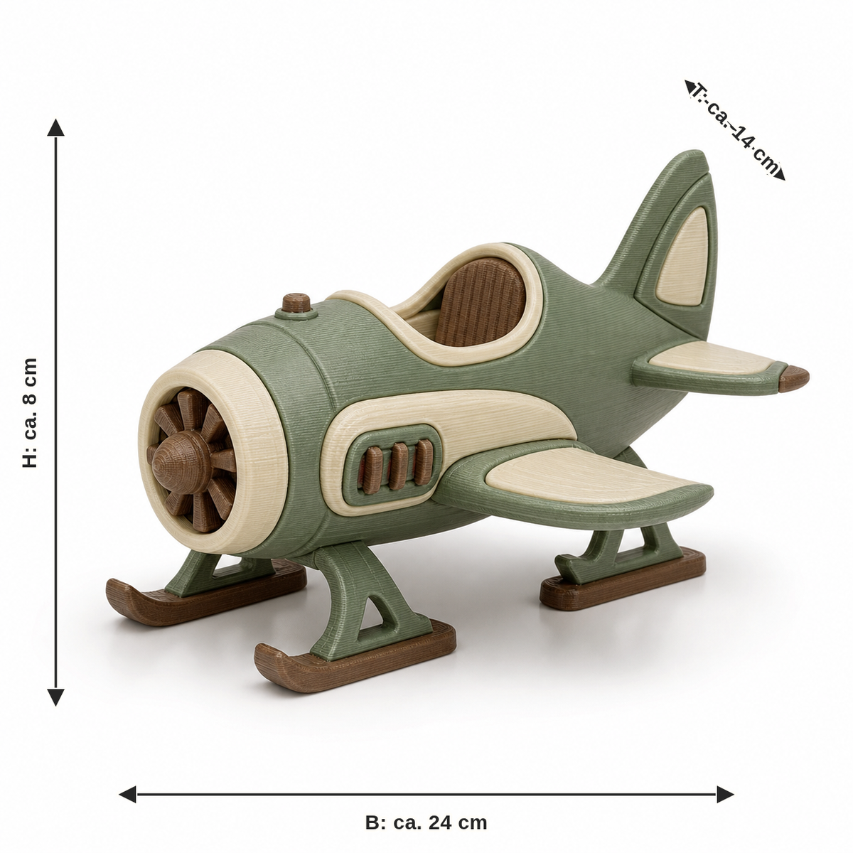 Dimensional image for decorative propeller aircraft in sage green: width approx. 24 cm, depth approx. 14 cm, height approx. 8 cm