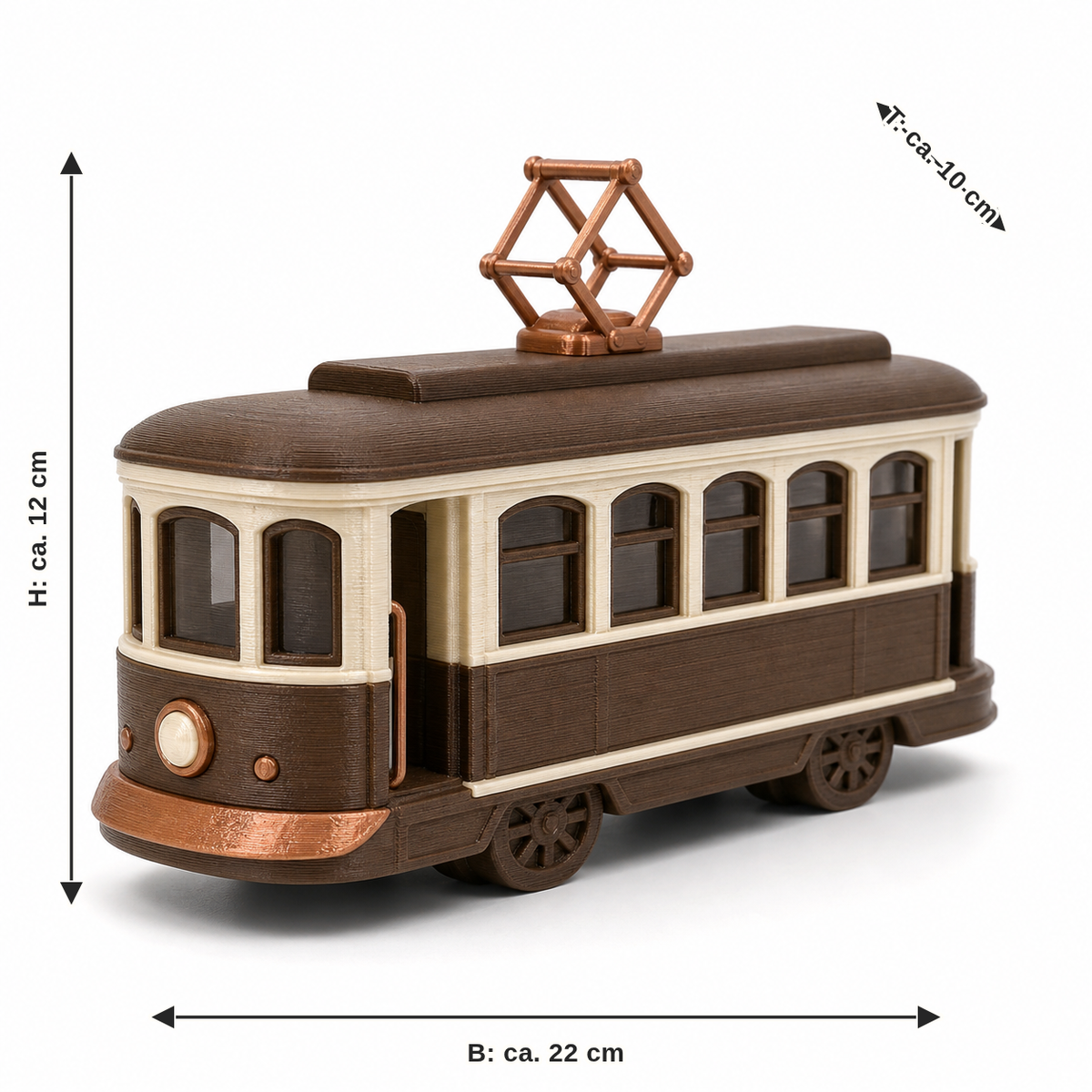 Dimensional image for decorative tram model in brown: width approx. 22 cm, depth approx. 10 cm, height approx. 12 cm