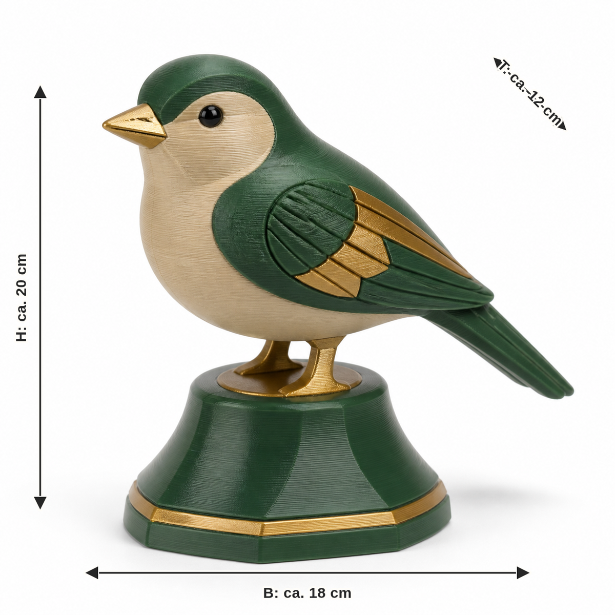 Maßbild für Dekovogel Smaragdgold: Breite ca. 18 cm, Tiefe ca. 12 cm, Höhe ca. 20 cm