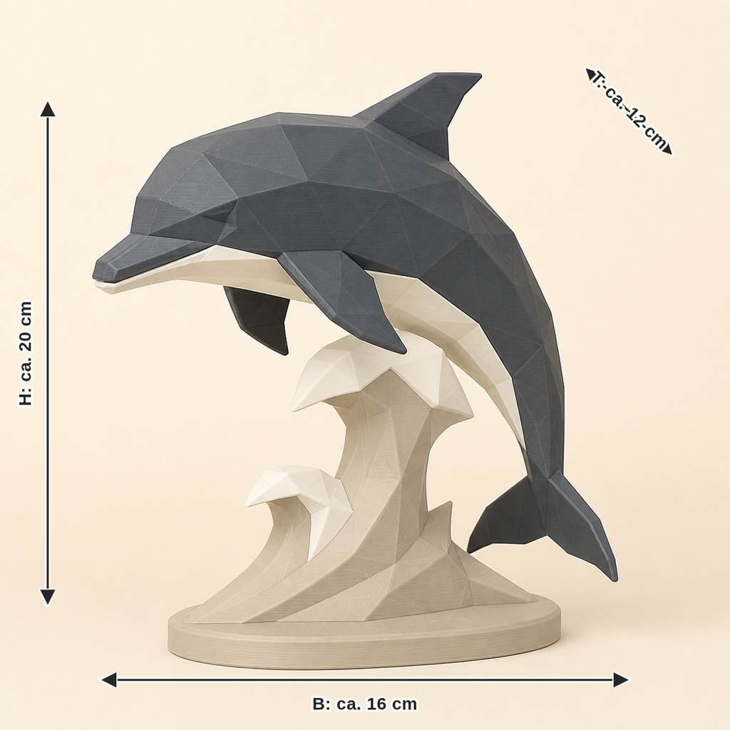 Maßbild für Delfin-Low-Poly-Skulptur Facettenfigur: Breite ca. 16 cm, Tiefe ca. 12 cm, Höhe ca. 20 cm