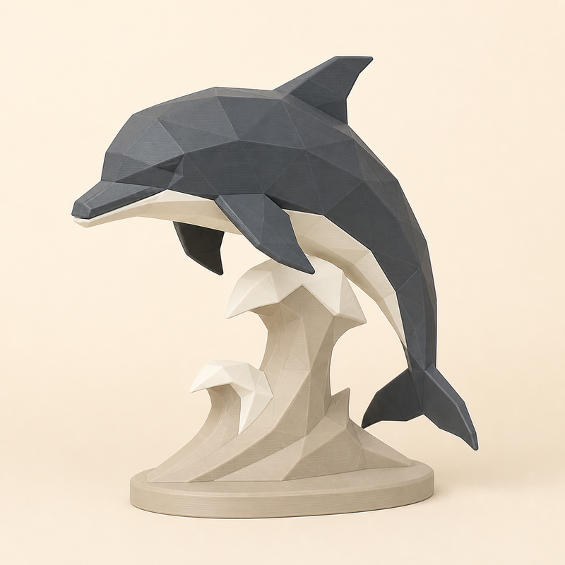 Delfin-Low-Poly-Skulptur Facettenfigur aus 3D-gedrucktem PETG in Anthrazit, Sandbeige, Knochenweiß