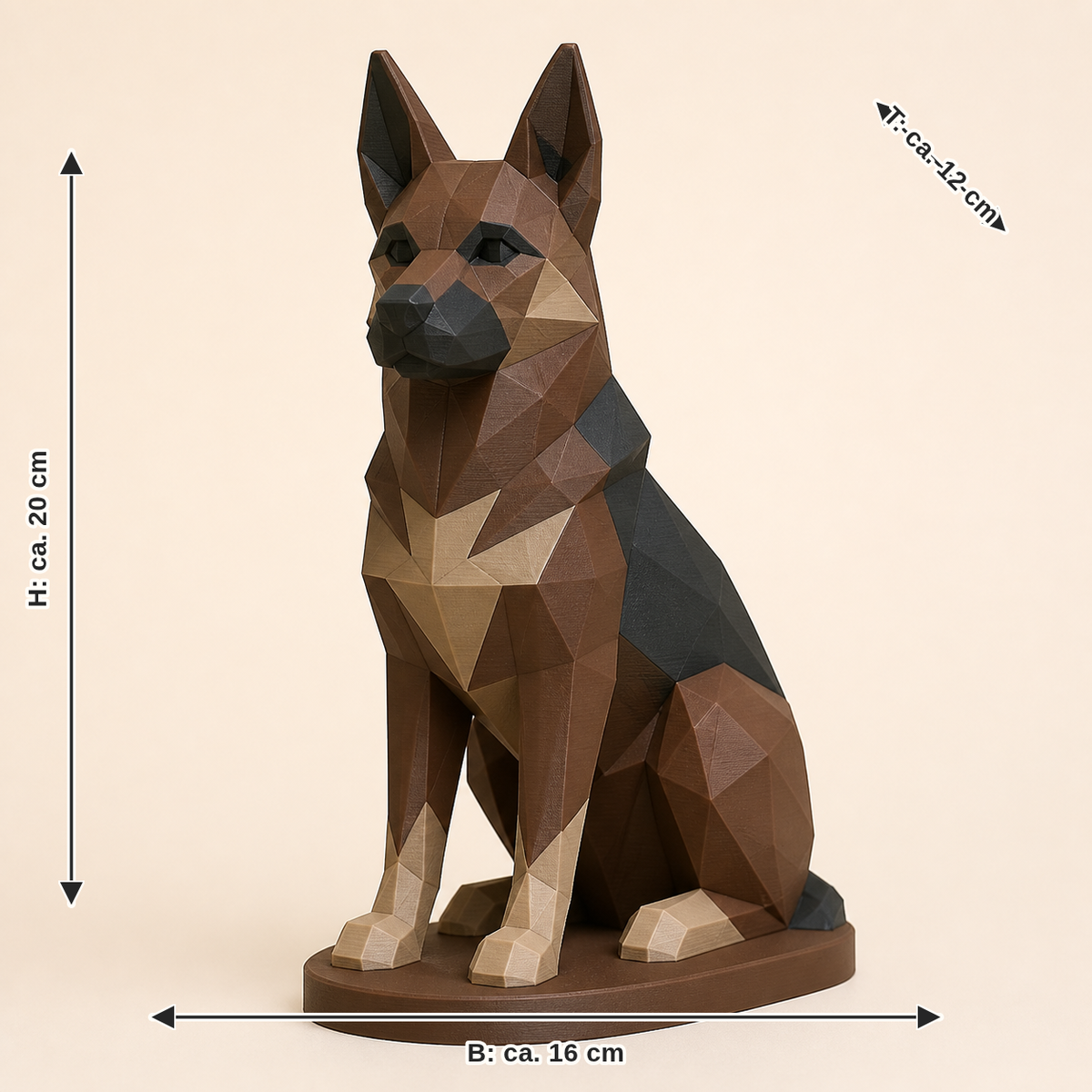 Maßbild für Deutscher Schäferhund-Low-Poly-Skulptur Facettenfigur: Breite ca. 16 cm, Tiefe ca. 12 cm, Höhe ca. 20 cm