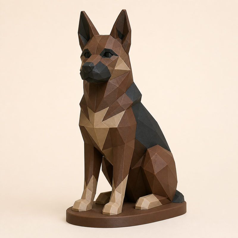 Deutscher Schäferhund-Low-Poly-Skulptur Facettenfigur aus 3D-gedrucktem PETG in Kastanienbraun, Anthrazit, Sandbeige