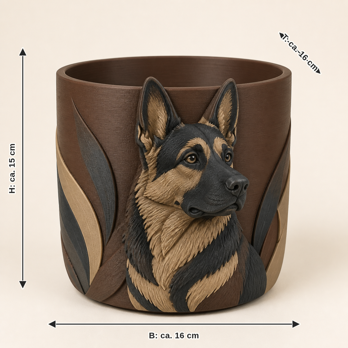 Maßbild für Deutscher Schäferhund-Pflanzübertopf Naturtopf: Breite ca. 16 cm, Tiefe ca. 16 cm, Höhe ca. 15 cm