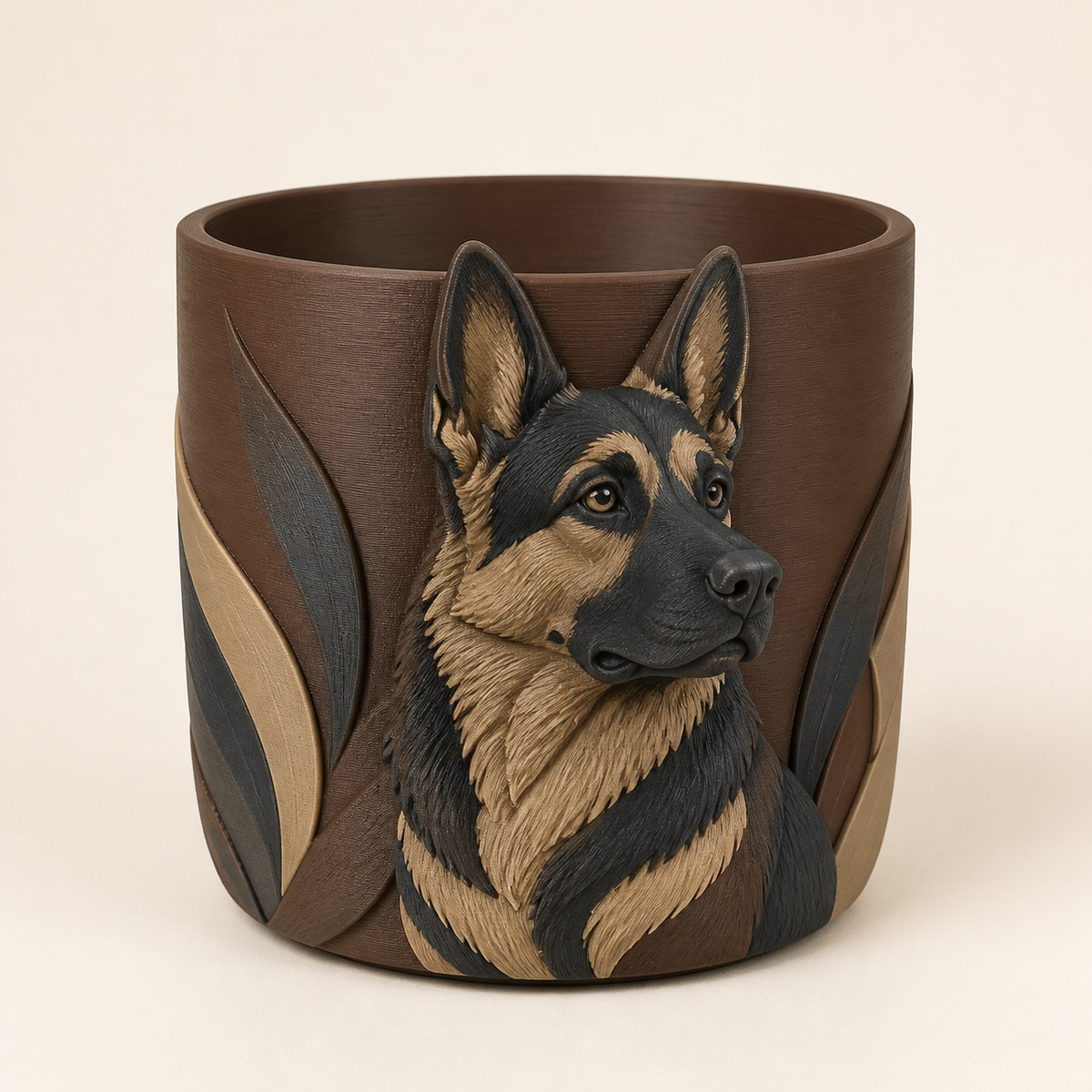 Deutscher Schäferhund-Pflanzübertopf Naturtopf aus 3D-gedrucktem PETG in Kastanienbraun, Anthrazit, Sandbeige