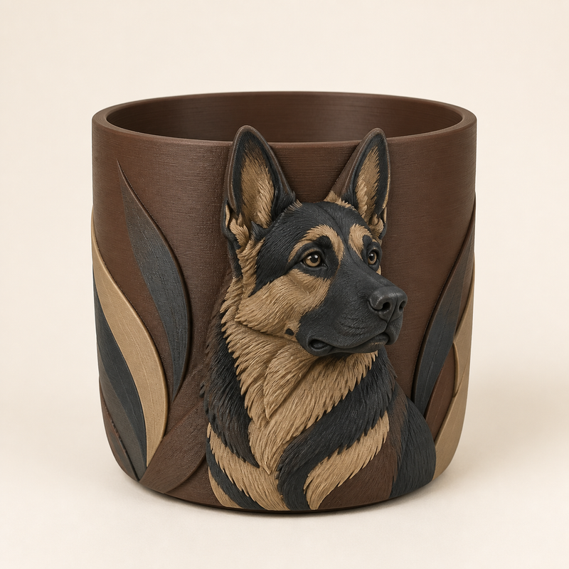 Deutscher Schäferhund-Pflanzübertopf Naturtopf aus 3D-gedrucktem PETG in Kastanienbraun, Anthrazit, Sandbeige