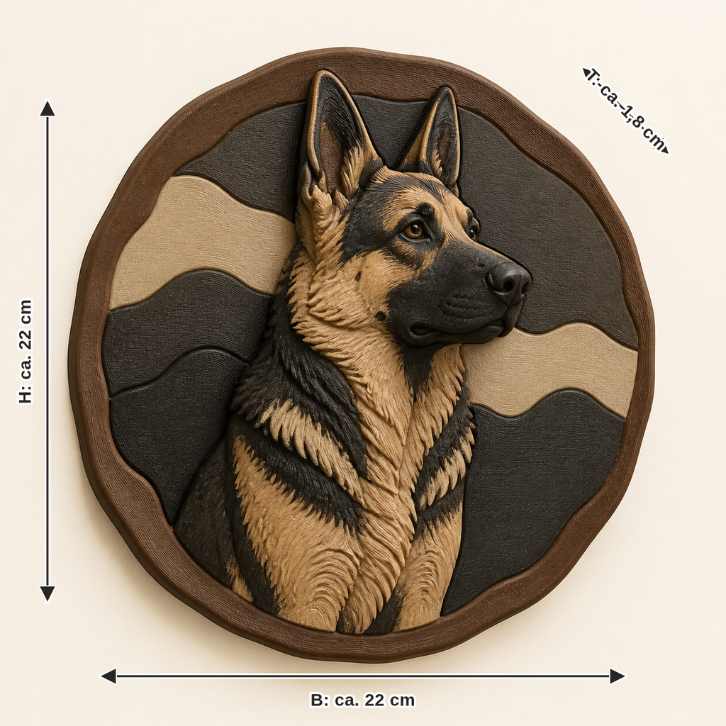 Maßbild für Deutscher Schäferhund-Wandrelief Tierporträt: Breite ca. 22 cm, Tiefe ca. 1.8 cm, Höhe ca. 22 cm