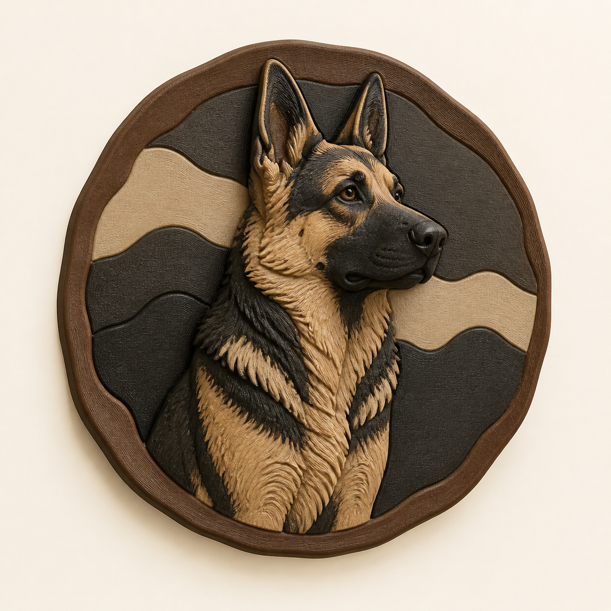Deutscher Schäferhund-Wandrelief Tierporträt aus 3D-gedrucktem PETG in Kastanienbraun, Anthrazit, Sandbeige