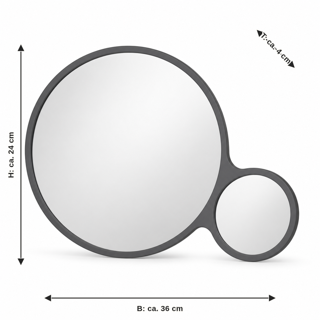 Dimensional image for double circle mirror frames in graphite grey: width approx. 36 cm, depth approx. 4 cm, height approx. 24 cm