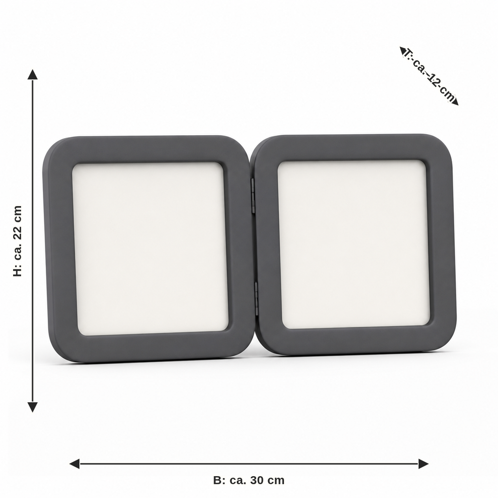 Maßbild für Doppelrahmen in Graphitgrau: Breite ca. 30 cm, Tiefe ca. 12 cm, Höhe ca. 22 cm