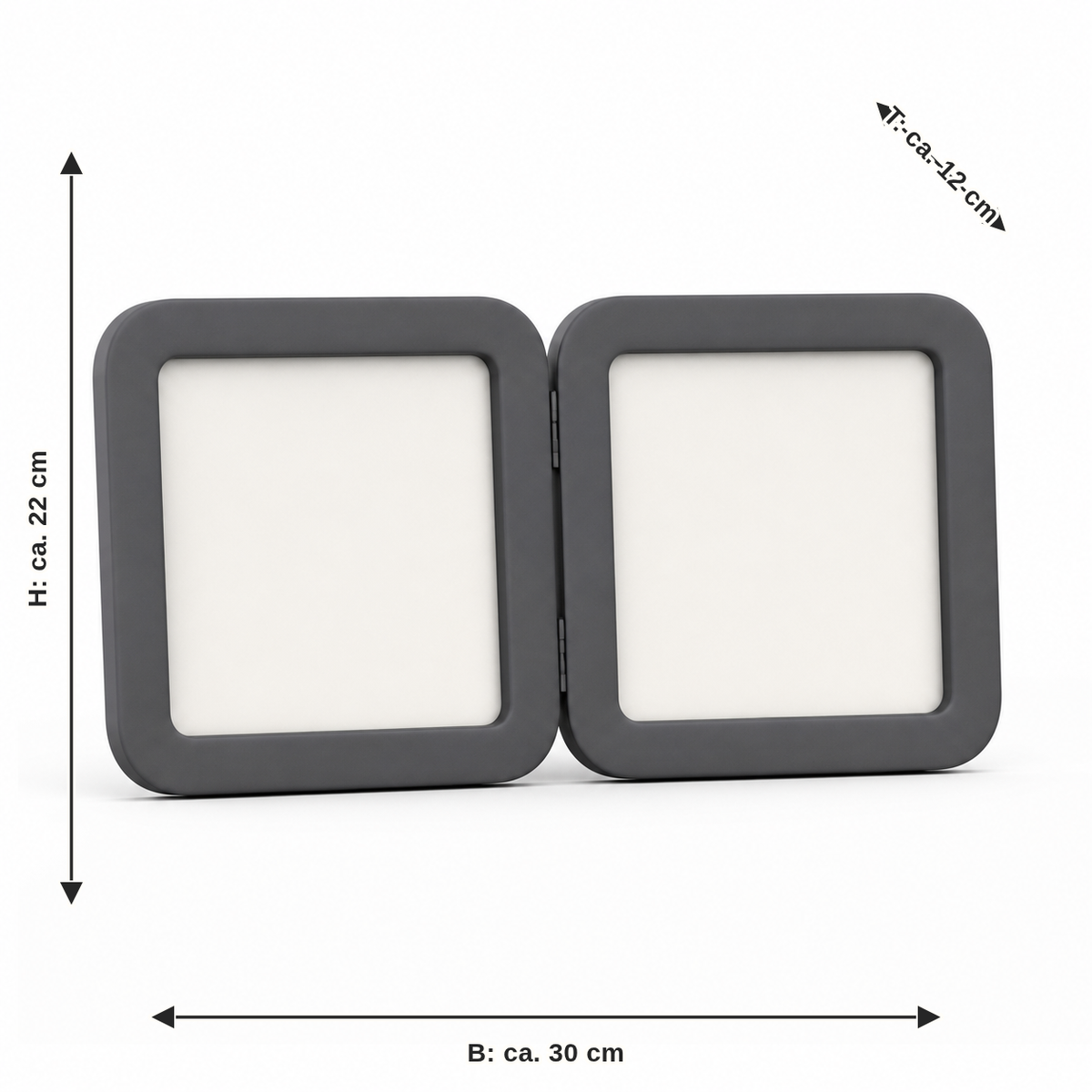 Maßbild für Doppelrahmen in Graphitgrau: Breite ca. 30 cm, Tiefe ca. 12 cm, Höhe ca. 22 cm