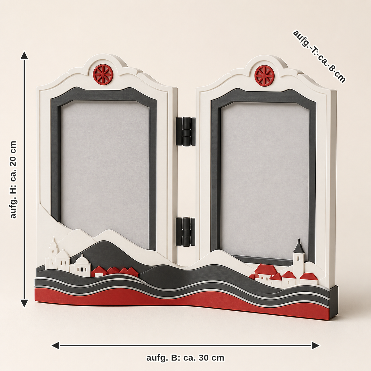 Maßbild für Doppelrahmen Salzachufer – Salzburg: aufgestellt Breite ca. 30 cm, Tiefe ca. 8 cm, Höhe ca. 20 cm