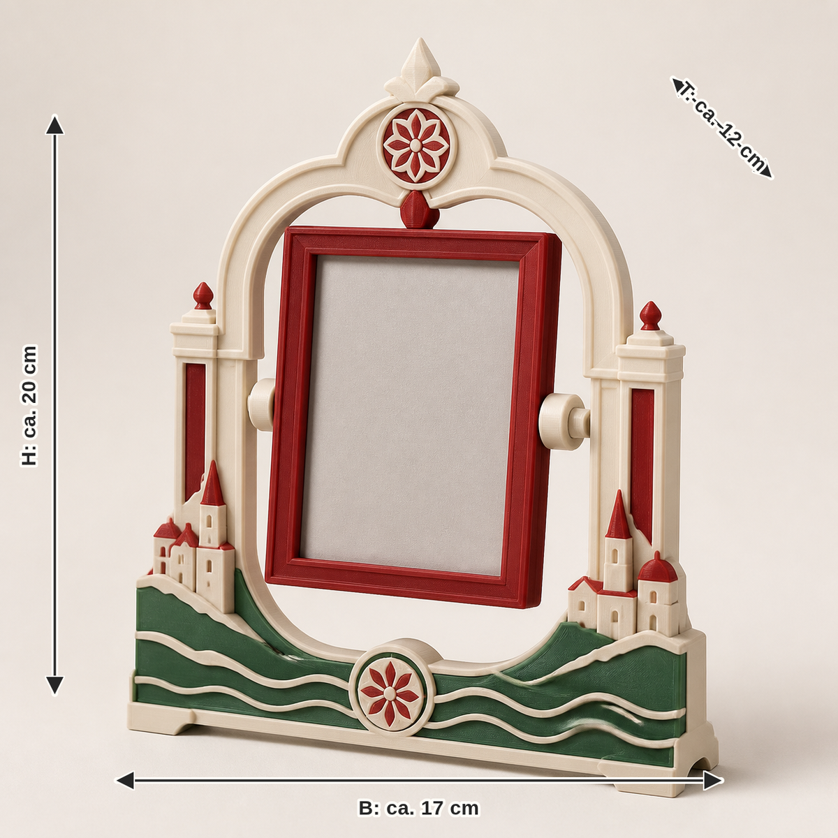 Maßbild für Dreh-Fotorahmen Altstadt – Salzburg: Breite ca. 17 cm, Tiefe ca. 12 cm, Höhe ca. 20 cm