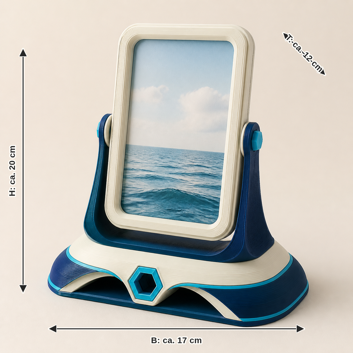 Maßbild für Dreh-Fotorahmen Wechselblick – Futuristisch: Breite ca. 17 cm, Tiefe ca. 12 cm, Höhe ca. 20 cm
