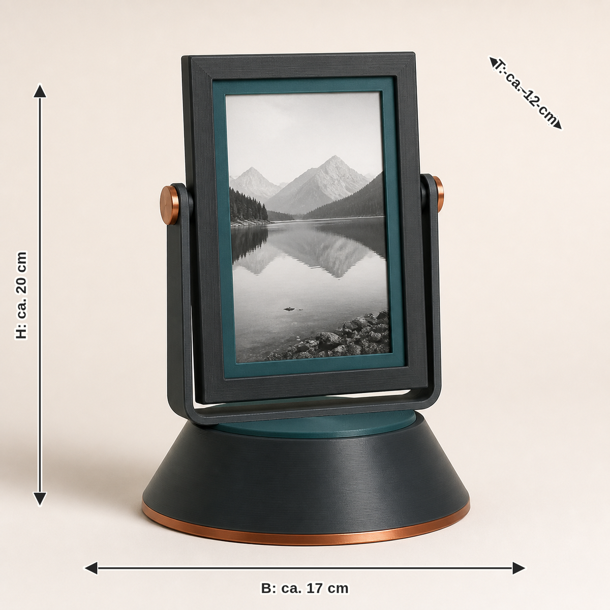 Maßbild für Dreh-Fotorahmen Wechselblick – Modern: Breite ca. 17 cm, Tiefe ca. 12 cm, Höhe ca. 20 cm