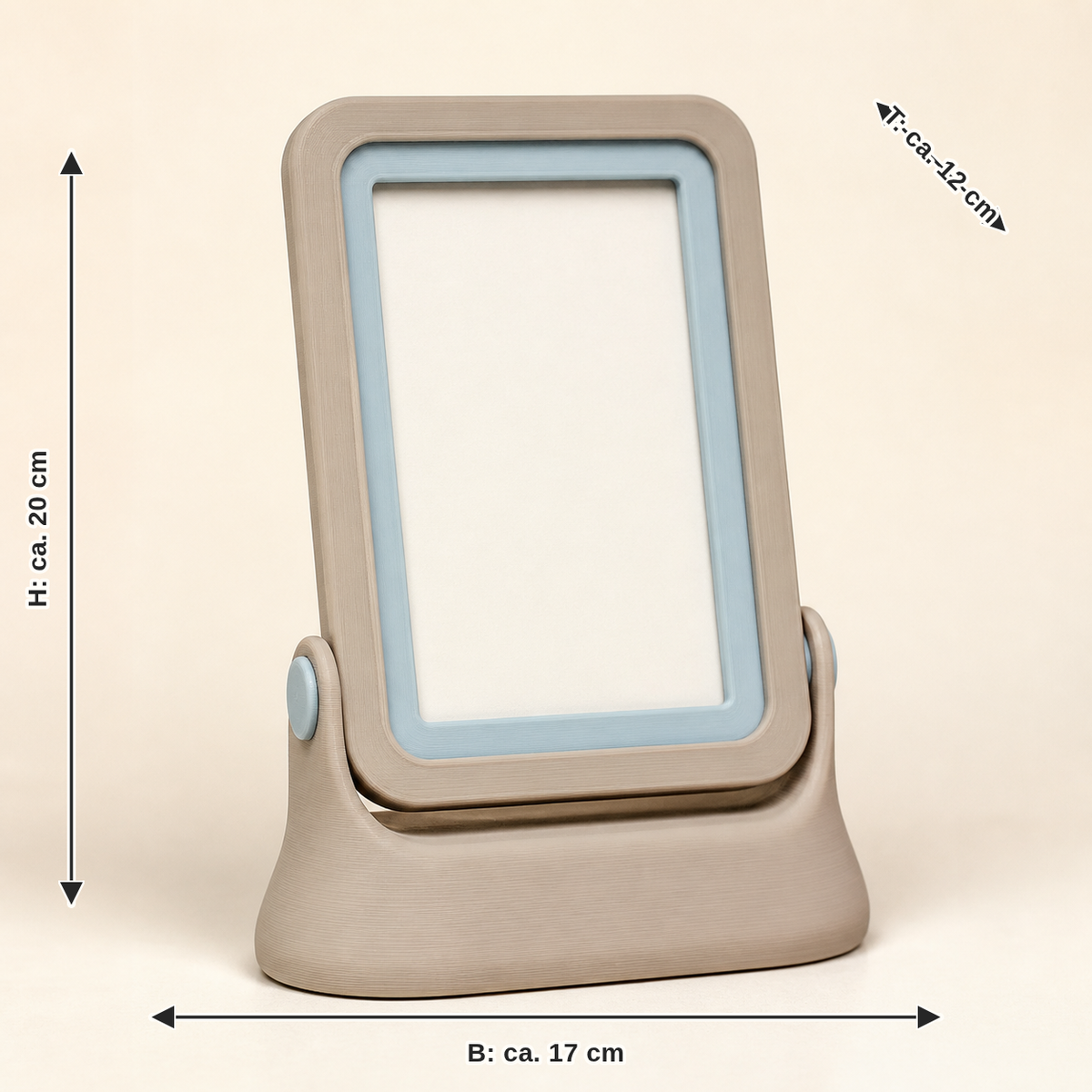 Maßbild für Dreh-Fotorahmen Wechselblick – Still: Breite ca. 17 cm, Tiefe ca. 12 cm, Höhe ca. 20 cm