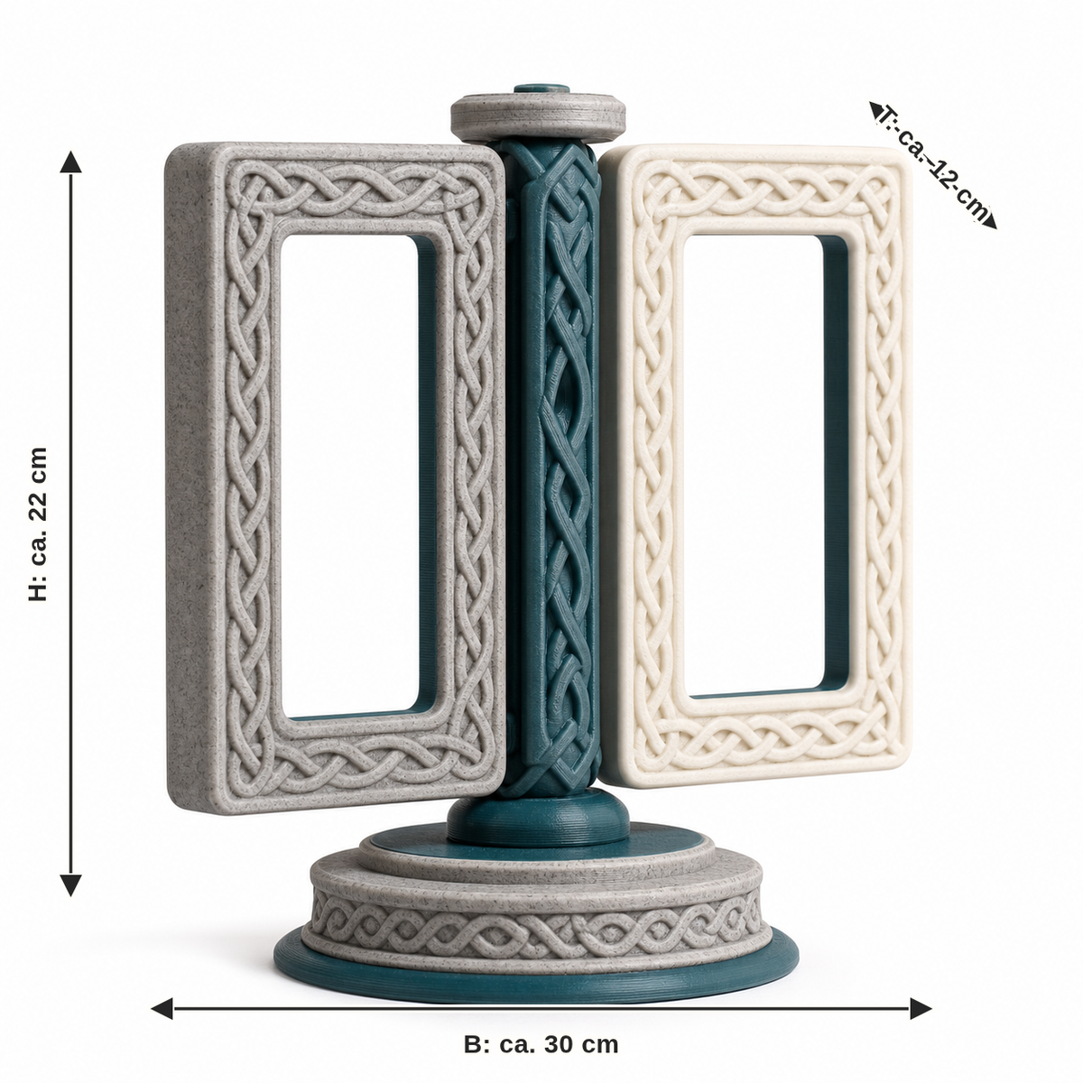 Maßbild für Drehbarer Doppel-Bilderrahmen mit Runensäule: Breite ca. 30 cm, Tiefe ca. 12 cm, Höhe ca. 22 cm