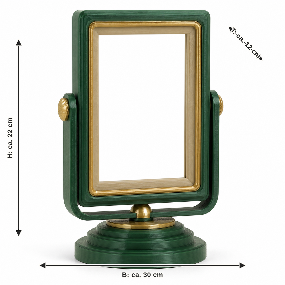 Maßbild für Drehrahmen Smaragdgold: Breite ca. 30 cm, Tiefe ca. 12 cm, Höhe ca. 22 cm
