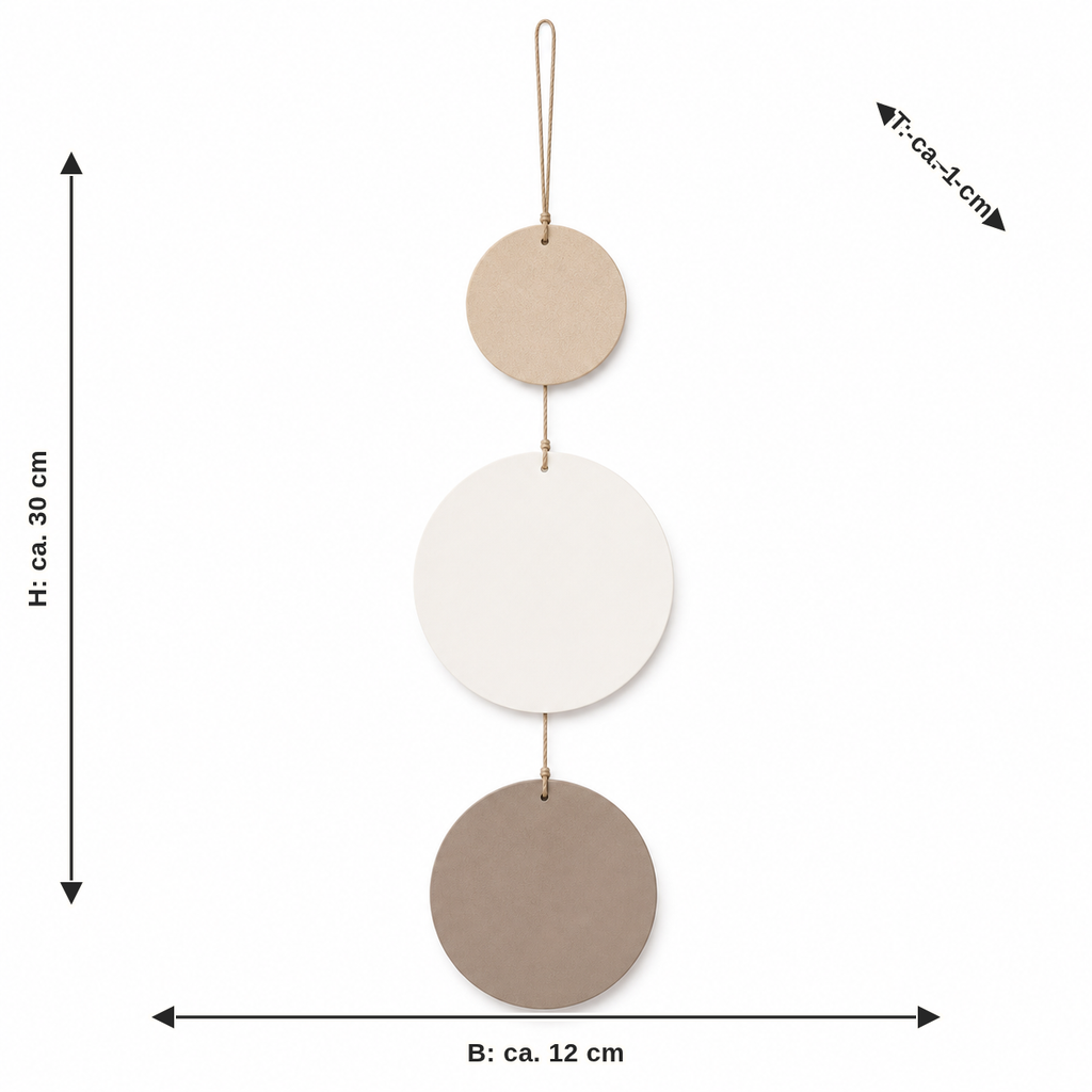 Measurement for three-disk pendant in beige white and taupe: width approx. 12 cm, depth approx. 1 cm, height approx. 30 cm