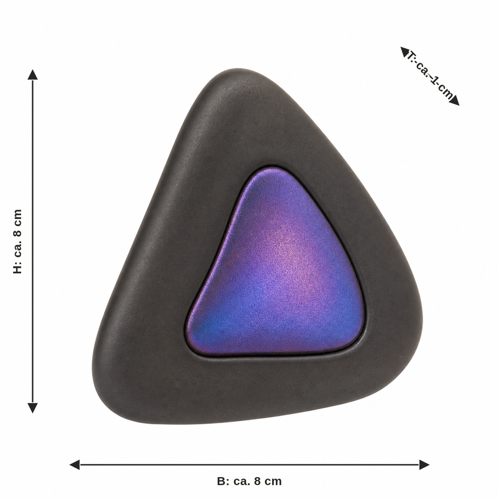 Maßbild für Dreieckiger Magnet mit irisierender Einlage: Breite ca. 8 cm, Tiefe ca. 1 cm, Höhe ca. 8 cm