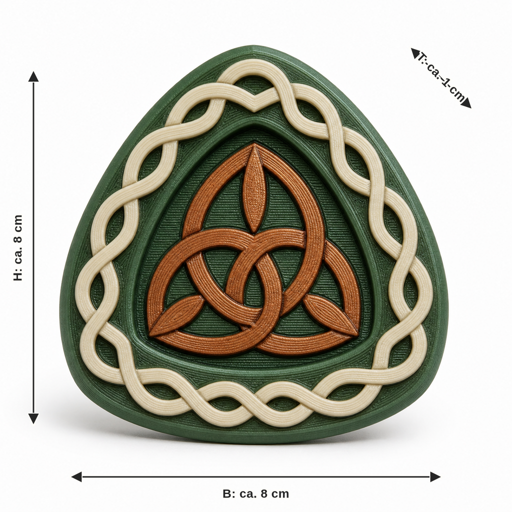 Maßbild für Dreieckiger Magnet mit Triquetra-Motiv: Breite ca. 8 cm, Tiefe ca. 1 cm, Höhe ca. 8 cm