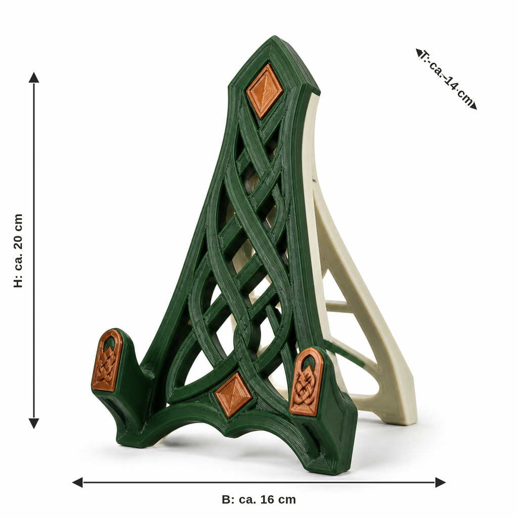 Maßbild für Dreieckiger Präsentationsständer mit Knotengitter: Breite ca. 16 cm, Tiefe ca. 14 cm, Höhe ca. 20 cm