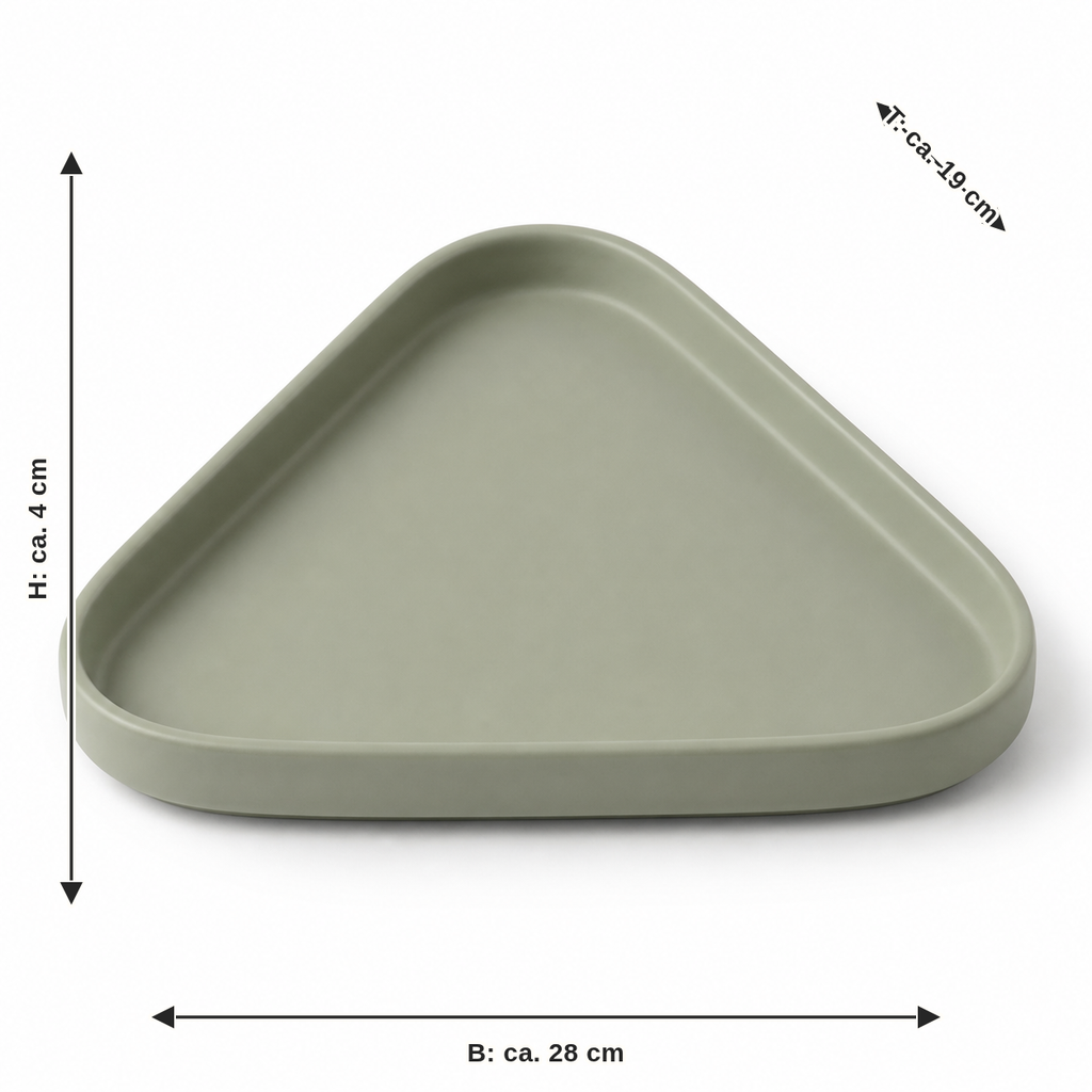 Dimensional image for triangular decorative tray in sage green: width approx. 28 cm, depth approx. 19 cm, height approx. 4 cm