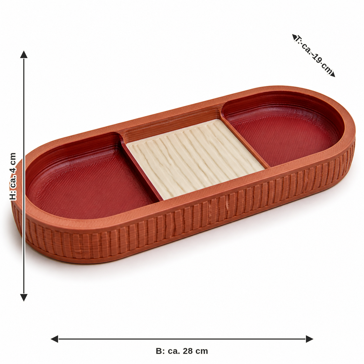 Maßbild für Dreifach-Dekotablett in Terrakotta und Rot: Breite ca. 28 cm, Tiefe ca. 19 cm, Höhe ca. 4 cm