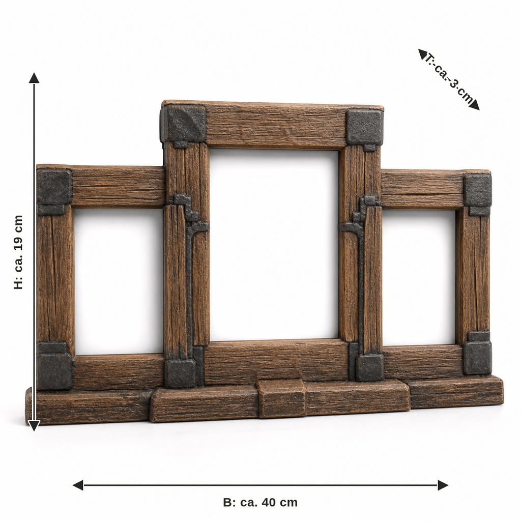 Dimensional image for triple photo frame in rustic wood look: width approx. 40 cm, depth approx. 3 cm, height approx. 19 cm