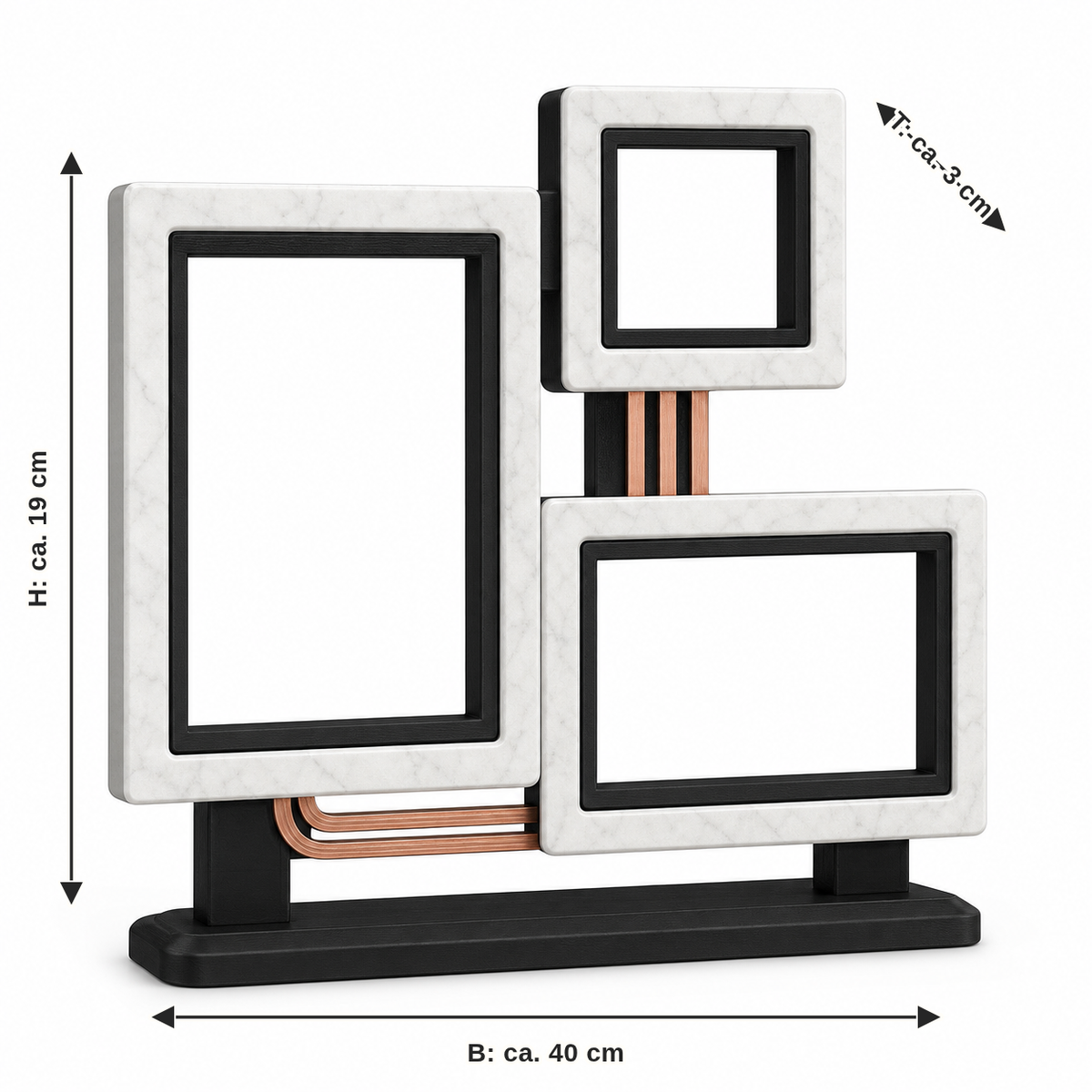 Dimensional image for triple photo frame with asymmetrical arrangement: width approx. 40 cm, depth approx. 3 cm, height approx. 19 cm