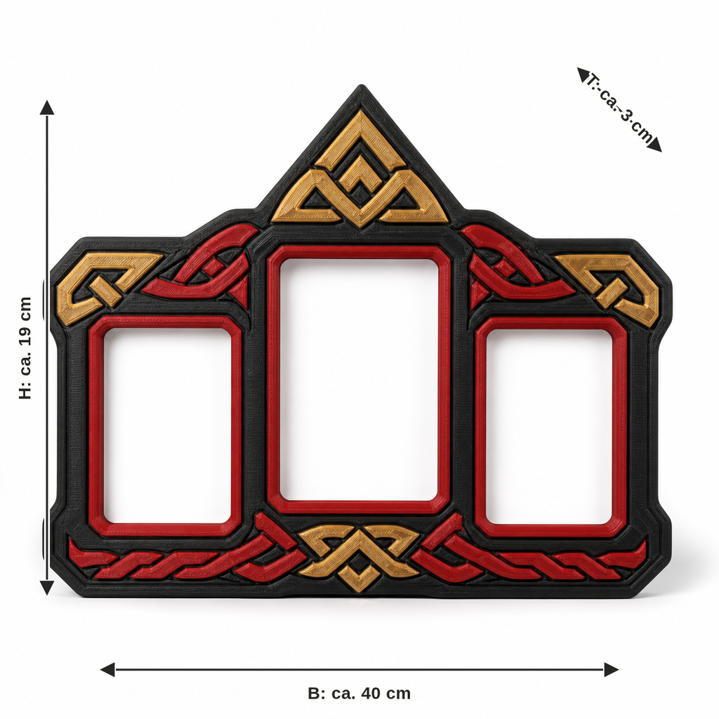 Maßbild für Dreifacher Bilderrahmen mit Runengiebel: Breite ca. 40 cm, Tiefe ca. 3 cm, Höhe ca. 19 cm