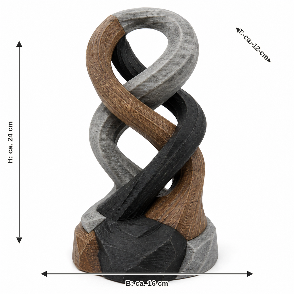 Maßbild für Dreifarbige Endlosschleifen-Skulptur: Breite ca. 16 cm, Tiefe ca. 12 cm, Höhe ca. 24 cm