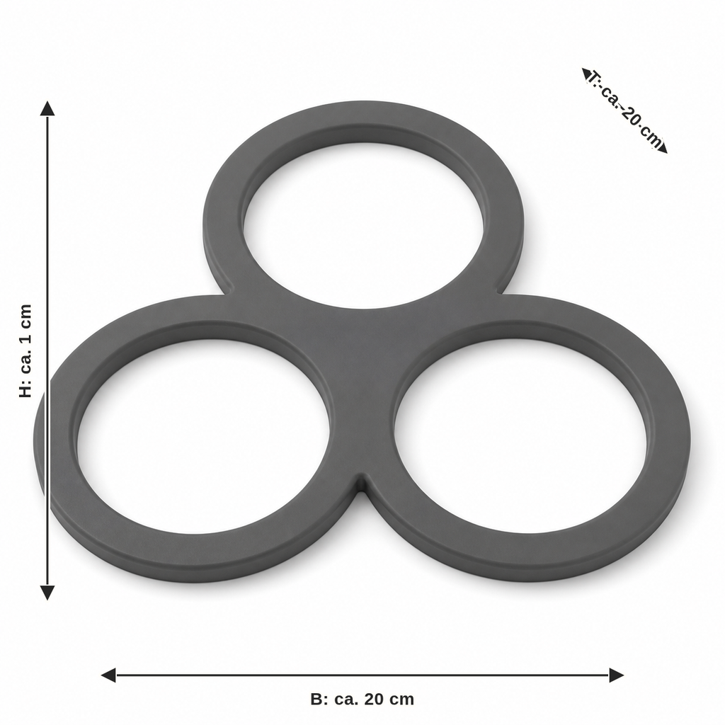Measurement image for three-circle pot coasters in graphite grey: width approx. 20 cm, depth approx. 20 cm, height approx. 1 cm