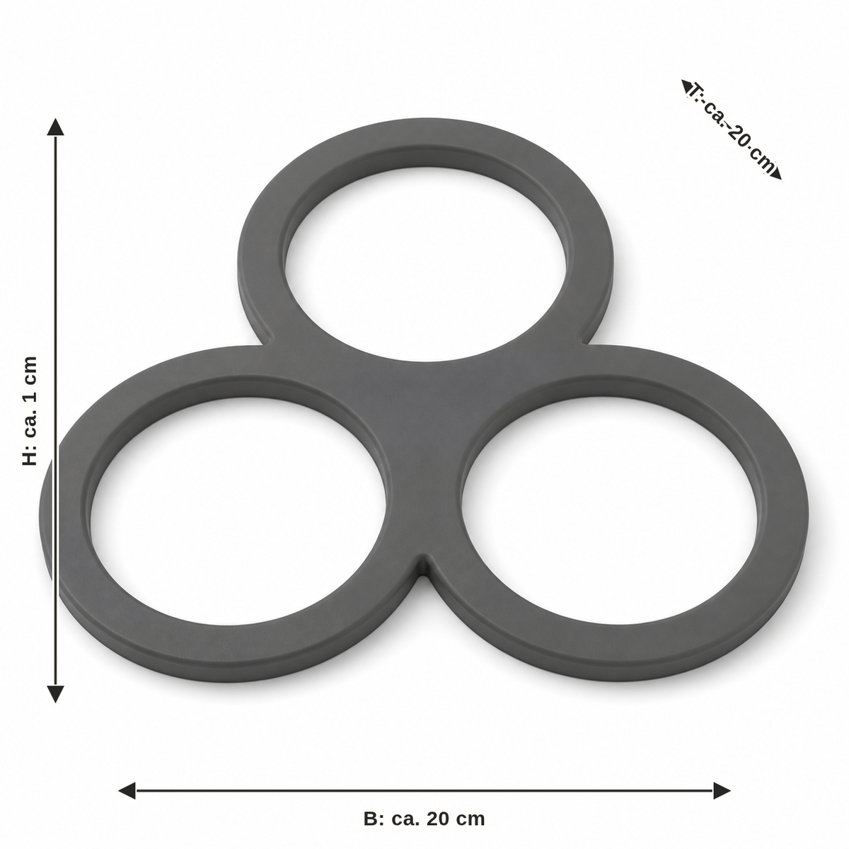Maßbild für Dreikreis-Topfuntersetzer in Graphitgrau: Breite ca. 20 cm, Tiefe ca. 20 cm, Höhe ca. 1 cm