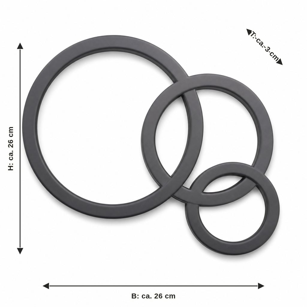 Dimensional image for triangular wall ornament in graphite grey: width approx. 26 cm, depth approx. 3 cm, height approx. 26 cm