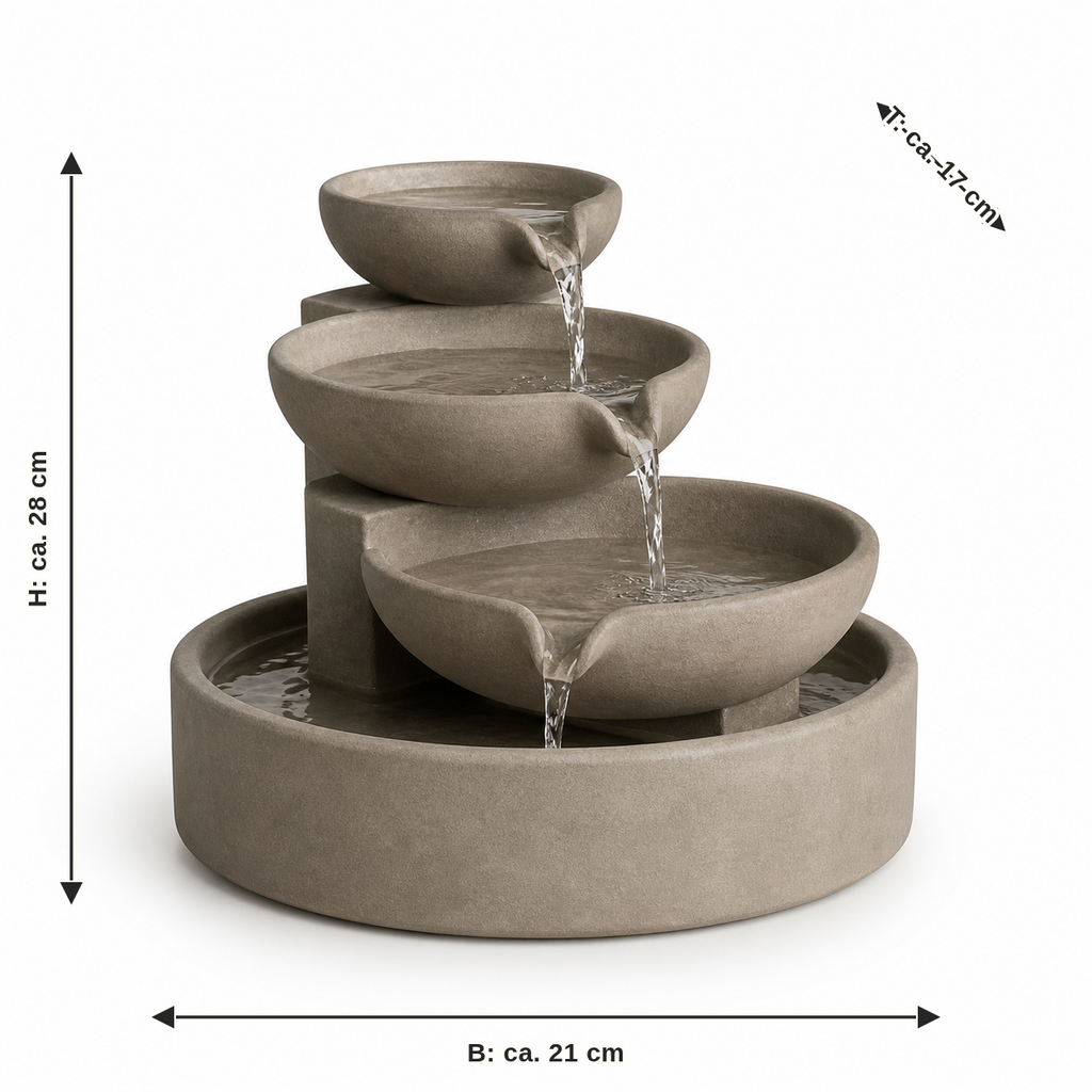 Maßbild für Dreischalen-Zimmerbrunnen in Taupe: Breite ca. 21 cm, Tiefe ca. 17 cm, Höhe ca. 28 cm