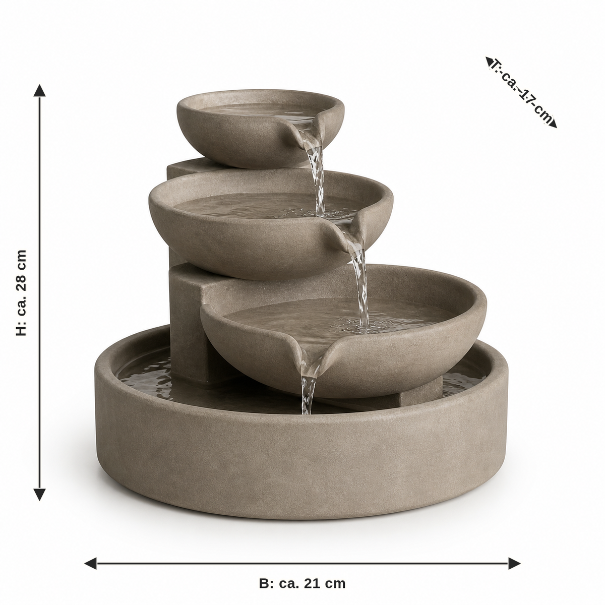 Dimensional image for three-shell indoor fountains in taupe: width about 21 cm, depth about 17 cm, height about 28 cm