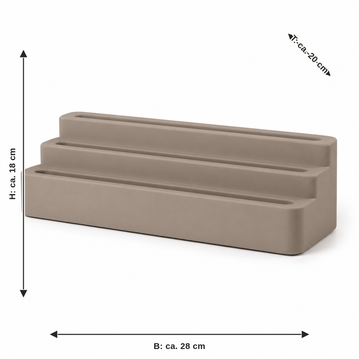 Maßbild für Dreistufiger Kartenständer in Taupe: Breite ca. 28 cm, Tiefe ca. 20 cm, Höhe ca. 18 cm