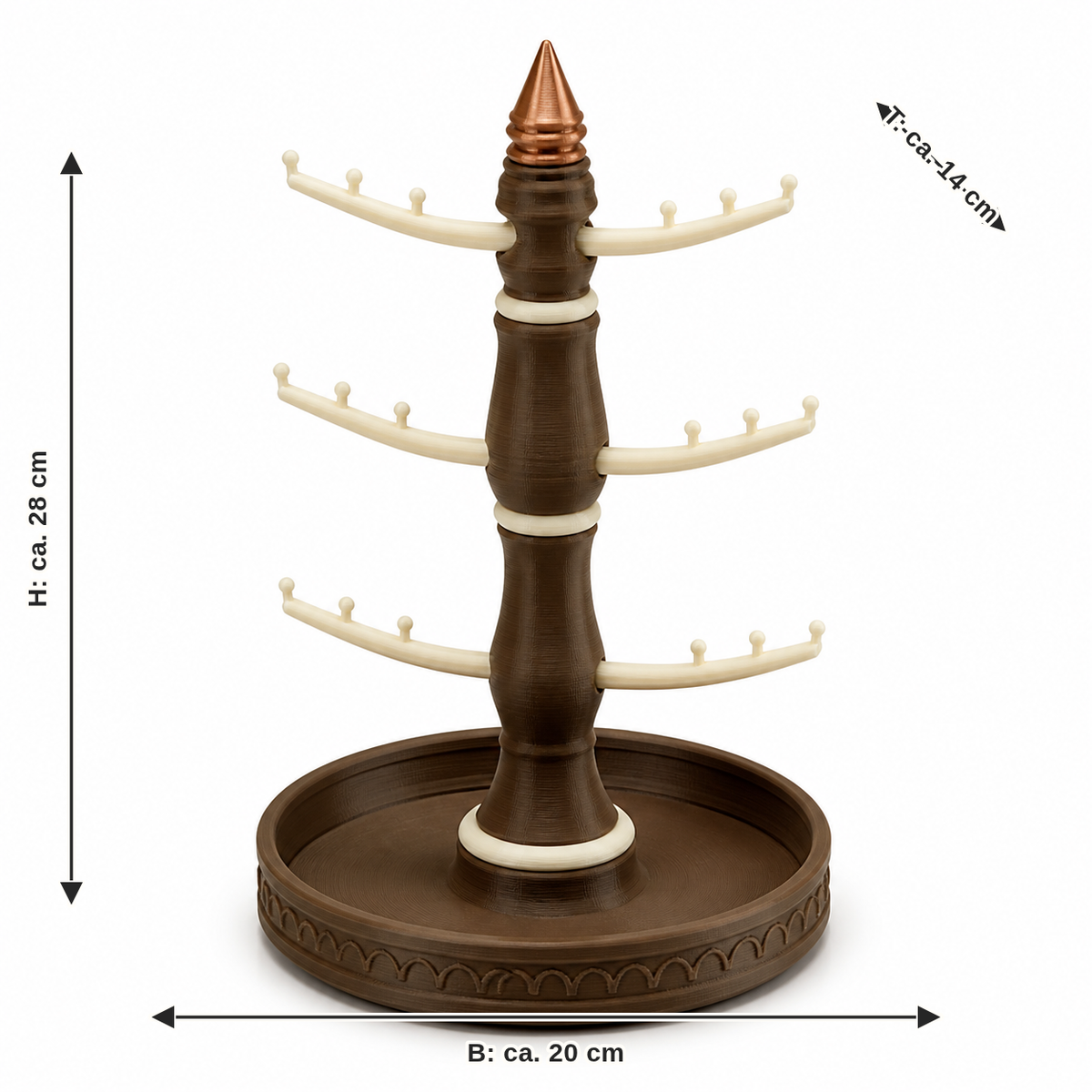 Maßbild für Dreistufiger Schmuckbaum mit Rundablage: Breite ca. 20 cm, Tiefe ca. 14 cm, Höhe ca. 28 cm