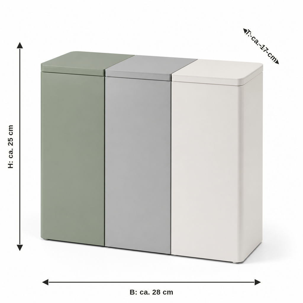 Dimensional image for three-part recycling station in sage and grey: width approx. 28 cm, depth approx. 17 cm, height approx. 25 cm