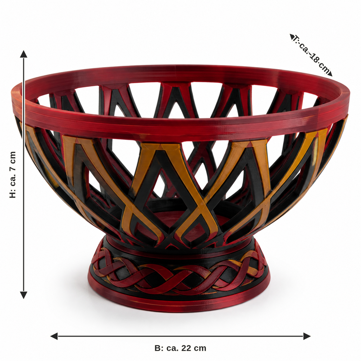 Maßbild für Durchbrochene Fußschale mit Runenmuster: Breite ca. 22 cm, Tiefe ca. 18 cm, Höhe ca. 7 cm