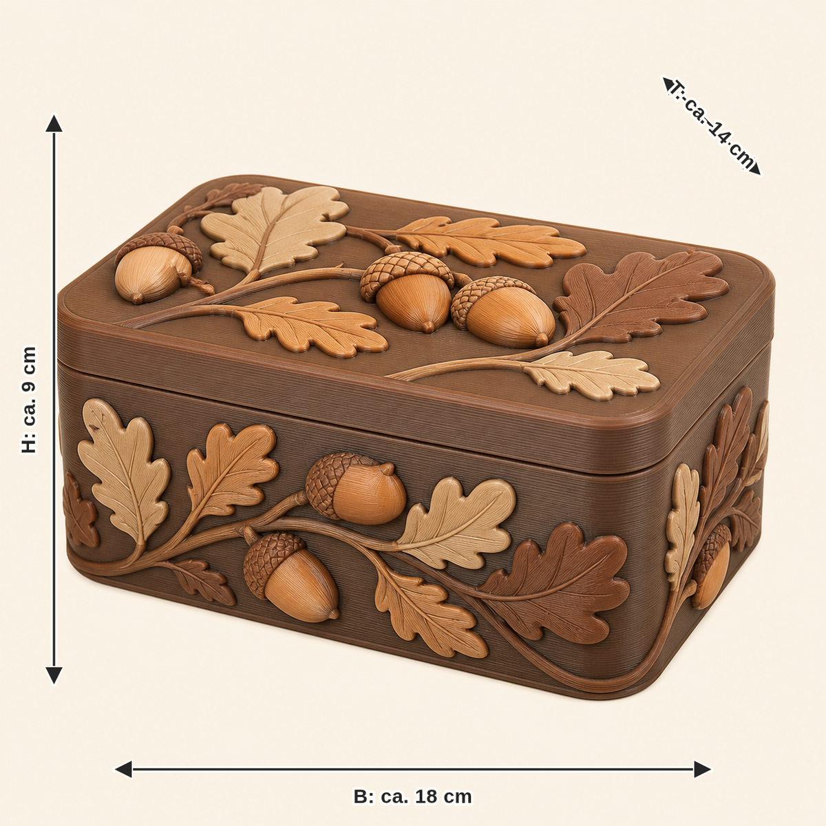 Maßbild für Eichel-Aufbewahrungsbox Eichelbox: Breite ca. 18 cm, Tiefe ca. 14 cm, Höhe ca. 9 cm